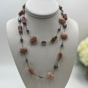 Margo Morrison Rhodochrosite Grey Coated Moonstone and Pearl Crystal Necklace
